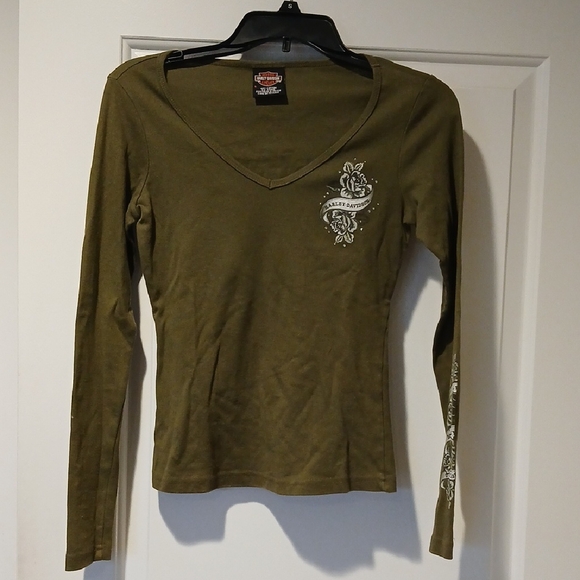 Harley-Davidson Tops - Harley-Davidson Olive Green Women's Long-Sleeve V-Neck Tee with Chest Graphic